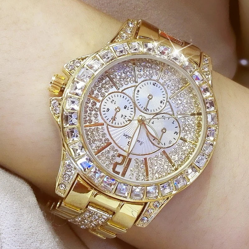 Relógio Feminino Luxo Quartzo Cravejado Diamantes Rose Gold - Pulseira Cristal Fashion Premium