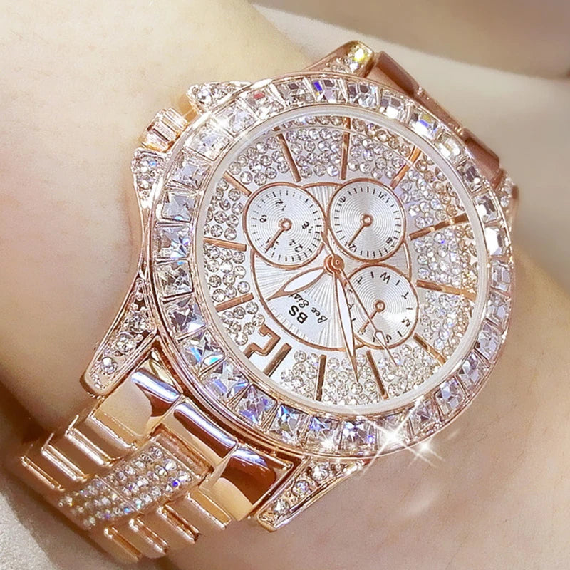 Relógio Feminino Luxo Quartzo Cravejado Diamantes Rose Gold - Pulseira Cristal Fashion Premium