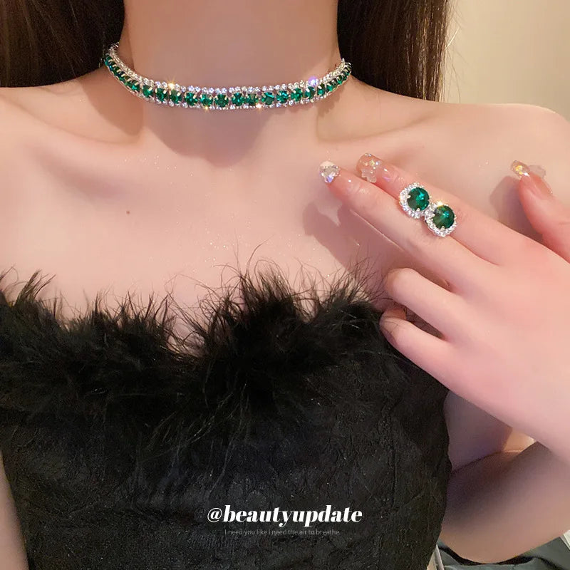 Conjunto Joias Verde Strass Luxo Colar Choker e Brincos - Cristal Casamento Banquete Feminino