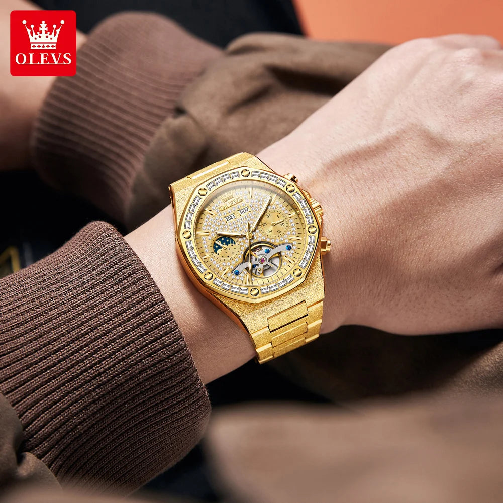 Relógio Masculino OLEVS 9805 Mecânico Automático Fase da Lua Esqueleto Diamantes