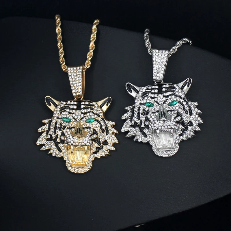 Colar Hip Hop Tigre 3D Gelado Corrente Cubana Cristal - Pingente Grande Brilho Unissex