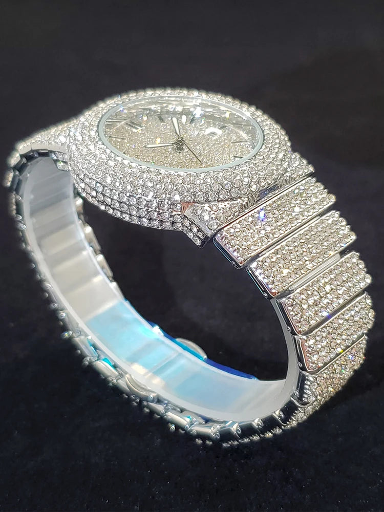 Relógio Masculino Luxo Iced Out Cravejado Calendário à Prova D'água