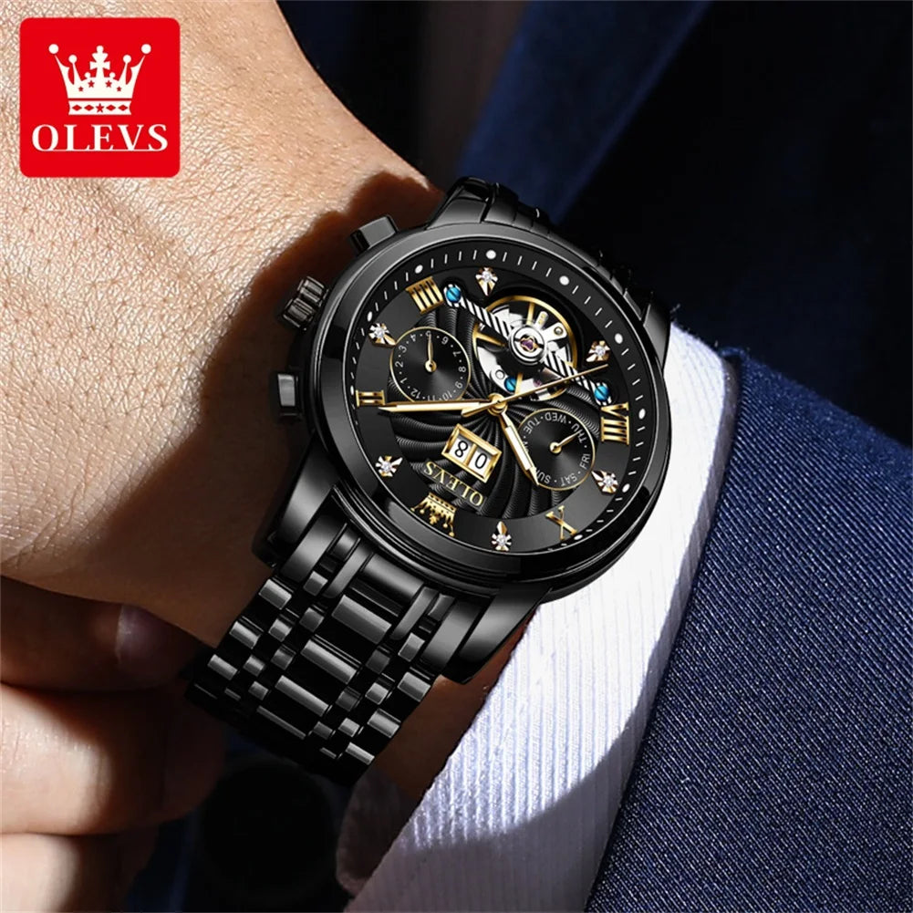 Relógio Masculino OLEVS Tourbillon Automático Multifunção - Alta Relojoaria Mecânica Luxo