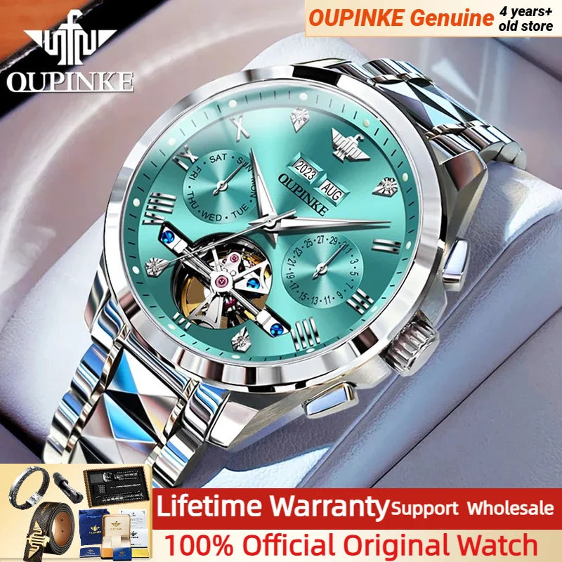 Relógio Masculino OUPINKE 3186 Skeleton Flywheel Automático Mecânico - Calendário Duplo Luxo