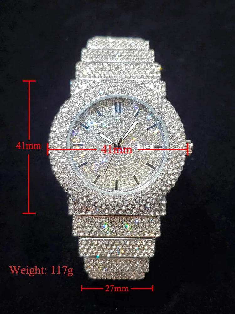 Relógio Masculino Luxo Iced Out Cravejado Calendário à Prova D'água