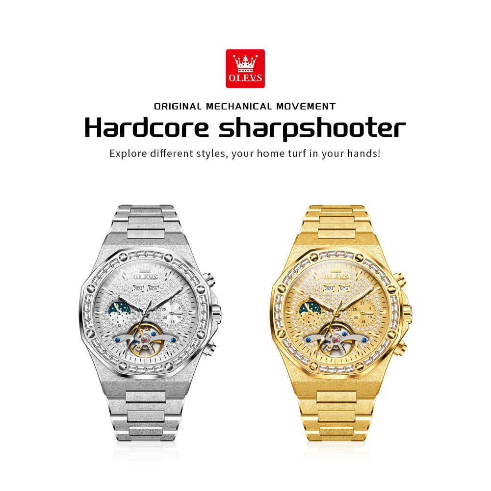 Relógio Masculino OLEVS 9805 Mecânico Automático Fase Lunar Esqueletizado - Luxo à Prova D'água