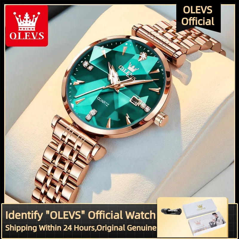 Conjunto Relógio e Pulseira Feminino OLEVS 5536 Luxo Diamantes Rose Gold à Prova D'água - Quartzo Elegante