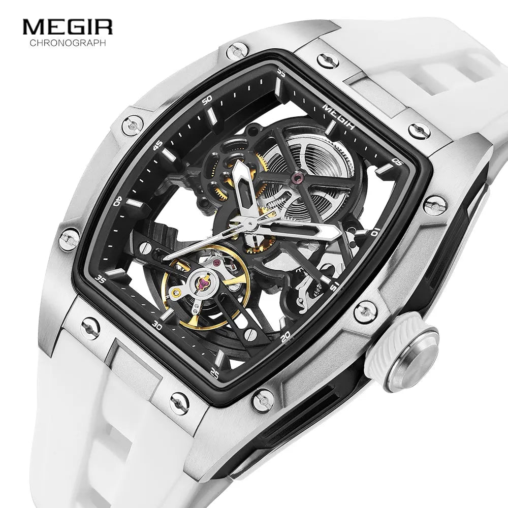 Relógio Masculino MEGIR Mecânico Automático Skeleton Aço Inox à Prova D'água - Pulseira Silicone Esportivo