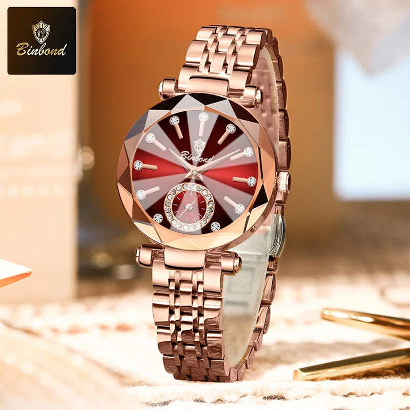 Relógio Feminino BINBOND Luxury Elegante à Prova d'Água Aço Inoxidável Quartzo