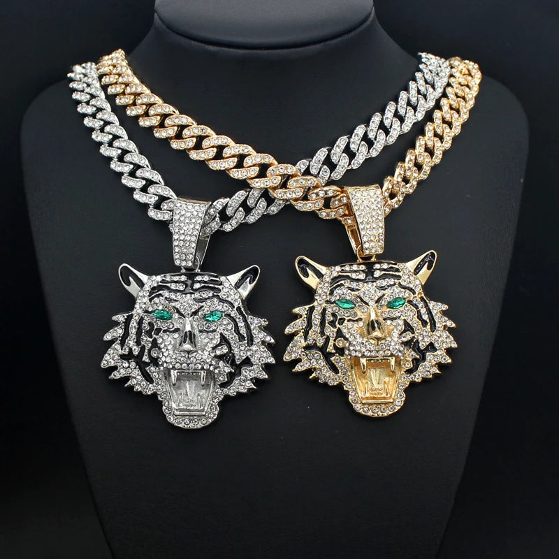 Colar Hip Hop Tigre 3D Gelado Corrente Cubana Cristal - Pingente Grande Brilho Unissex