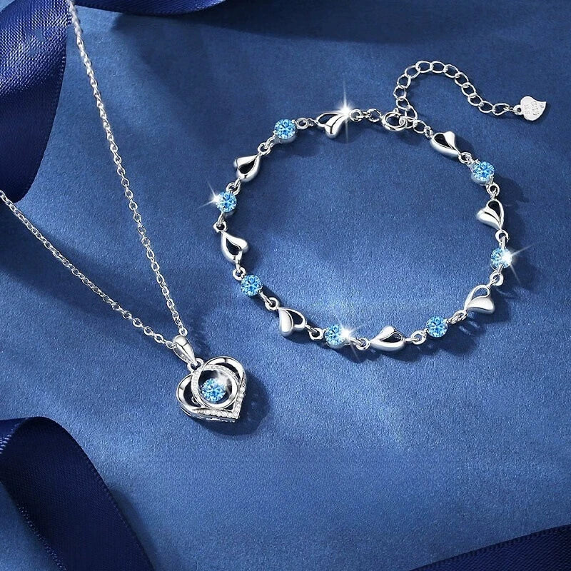 Conjunto de Joias Prata Esterlina Coração com Cristal Azul Colar + Pulseira