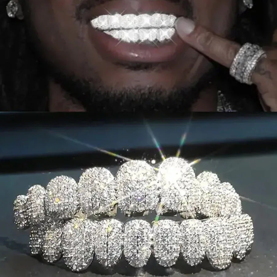 Grillz Dentes Ouro 18K Cravejado Zircônia 5A - Top e Bottom Completo Hip Hop Rapper
