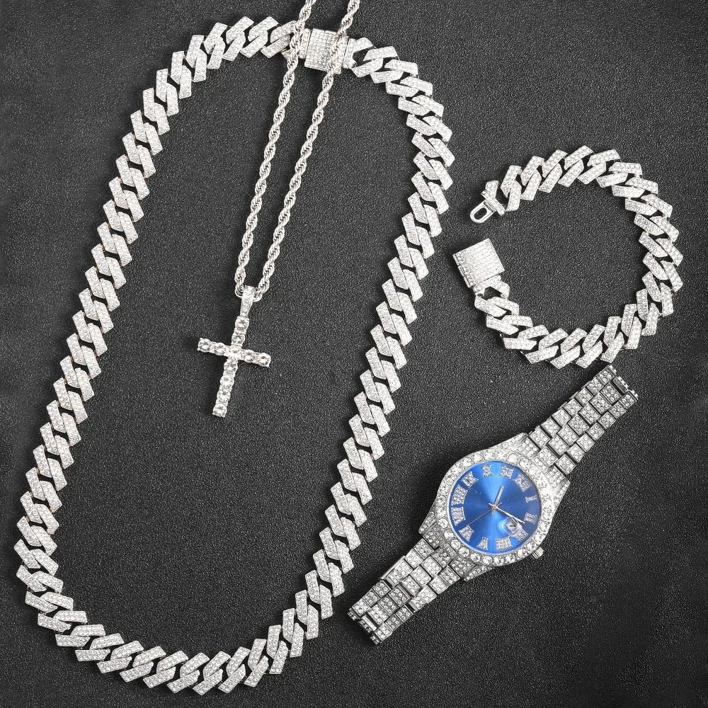 Conjunto Corrente Cubana Miami 16mm Ice Out Hip Hop Colar + Pulseira Unissex