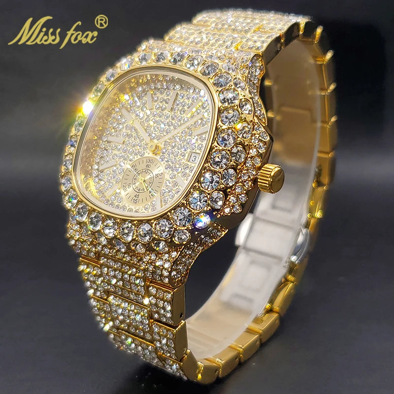 Relógio Masculino Gold Iced Out Duplo Mostrador à Prova D'água