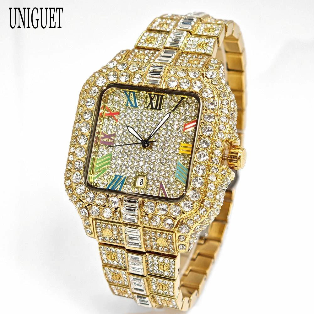 Relógio Masculino UNIGUET Luxo Hip Hop Iced Out Dourado Mostrador Rainbow - Quartzo Calendário Diamantes