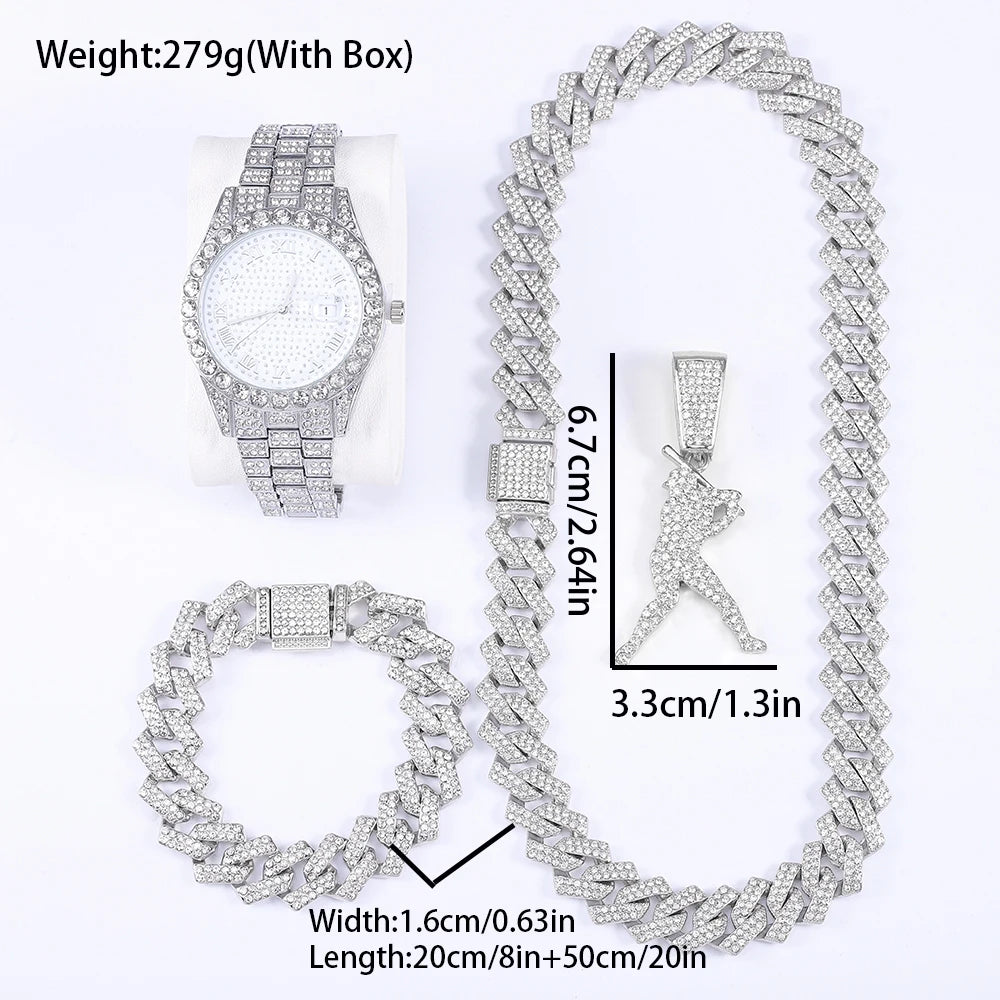 Conjunto Premium Hip Hop 4 Peças Beisebol Estrela Colar Pulseira Relógio com Caixa de Presente