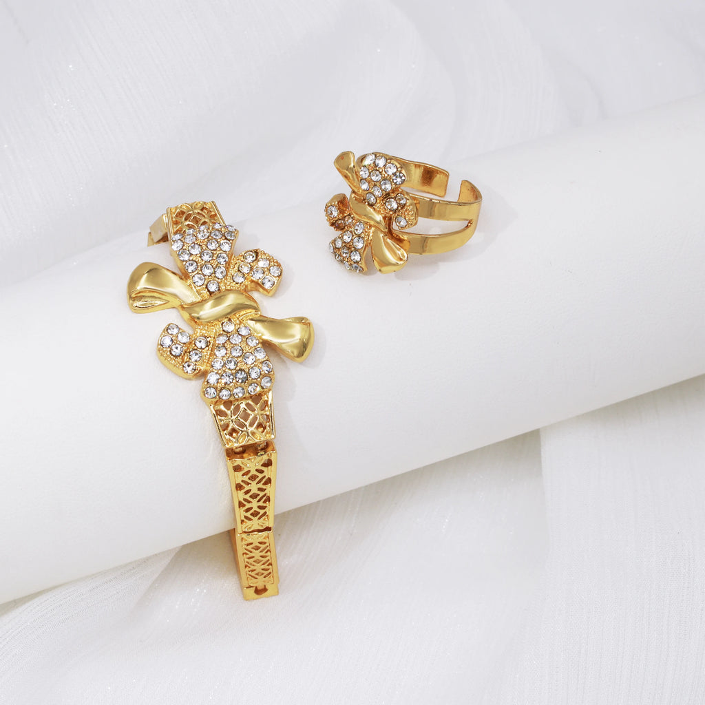 Conjunto de Joias Feminino Banho Ouro 18K Laço Italiano - Kit 4 Peças Colar Brinco Pulseira Anel