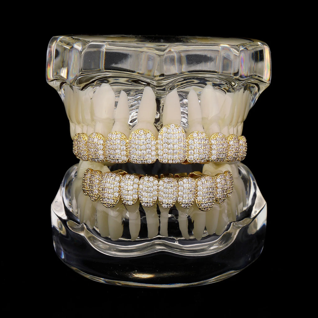 Grillz Dentes Ouro 18K Cravejado Zircônia 5A - Top e Bottom Completo Hip Hop Rapper