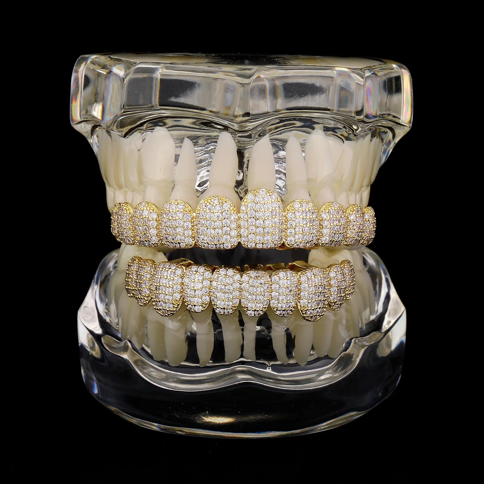 Grillz Dentes Ouro 18K Cravejado Zircônia 5A - Top e Bottom Completo Hip Hop Rapper