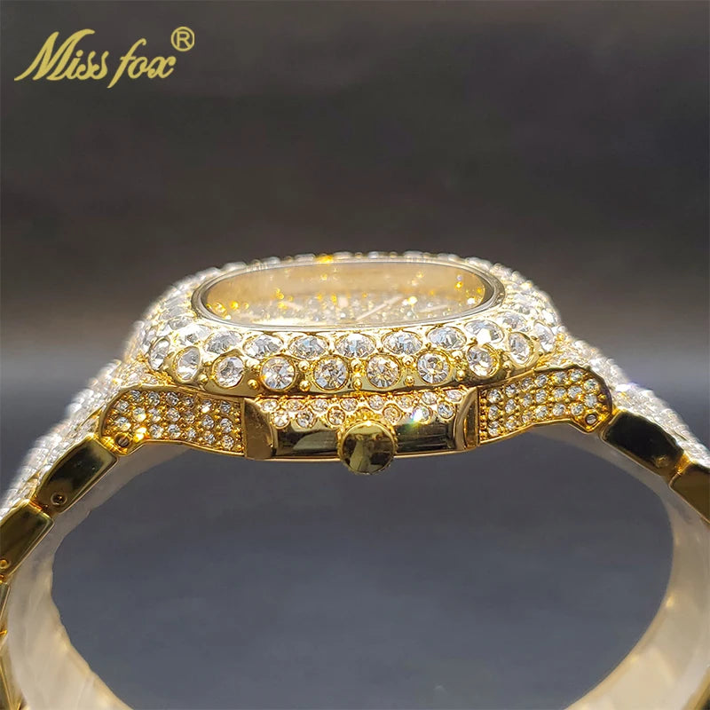 Relógio Masculino Gold Iced Out Duplo Mostrador à Prova D'água