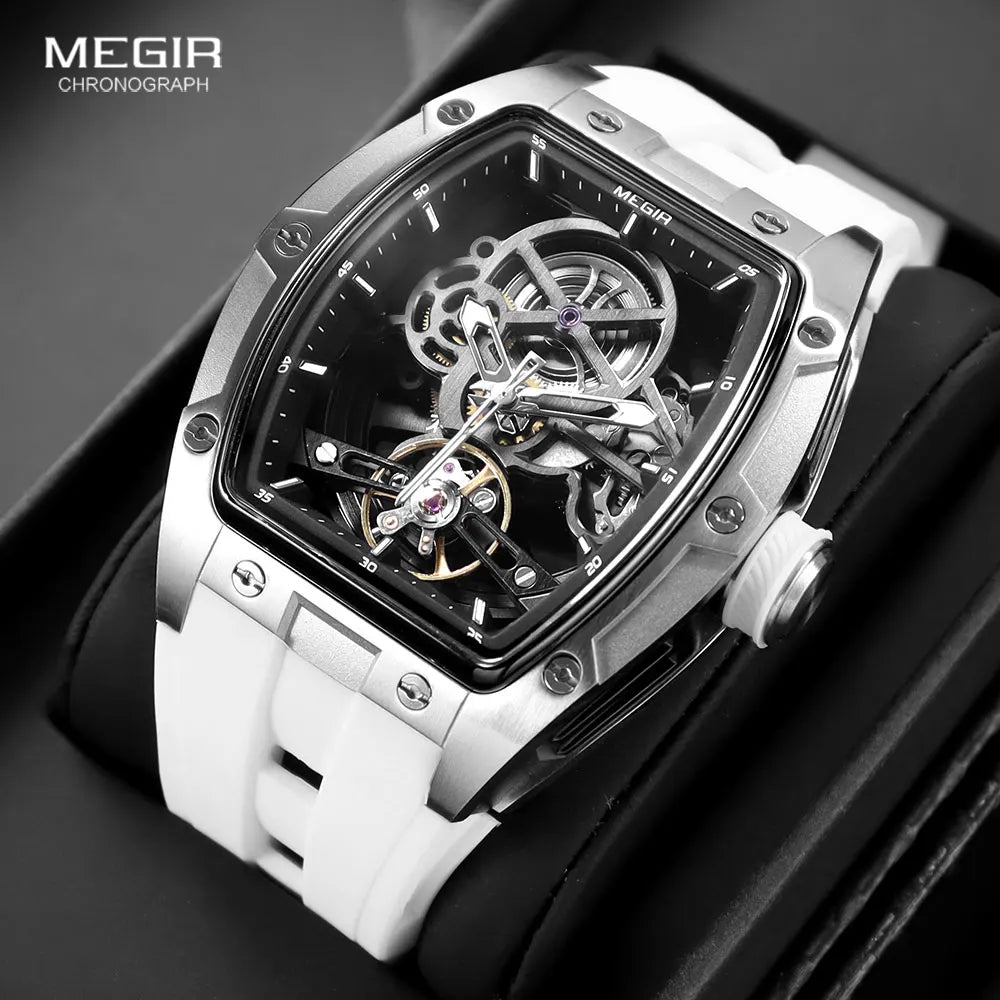 Relógio Masculino MEGIR Mecânico Automático Skeleton Aço Inox à Prova D'água - Pulseira Silicone Esportivo