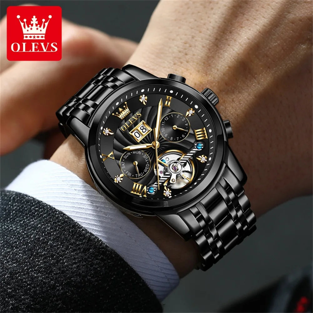 Relógio Masculino OLEVS Tourbillon Automático Multifunção - Alta Relojoaria Mecânica Luxo