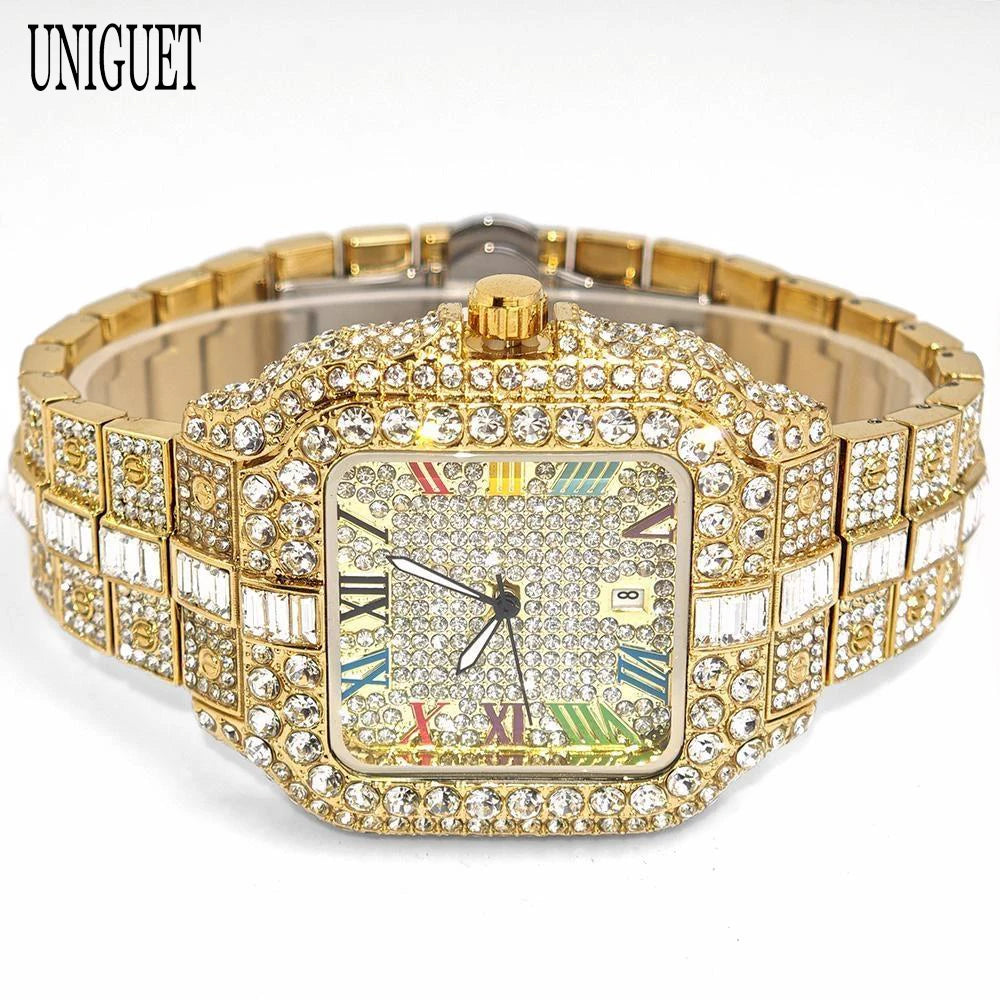 Relógio Masculino UNIGUET Luxo Hip Hop Iced Out Dourado Mostrador Rainbow - Quartzo Calendário Diamantes